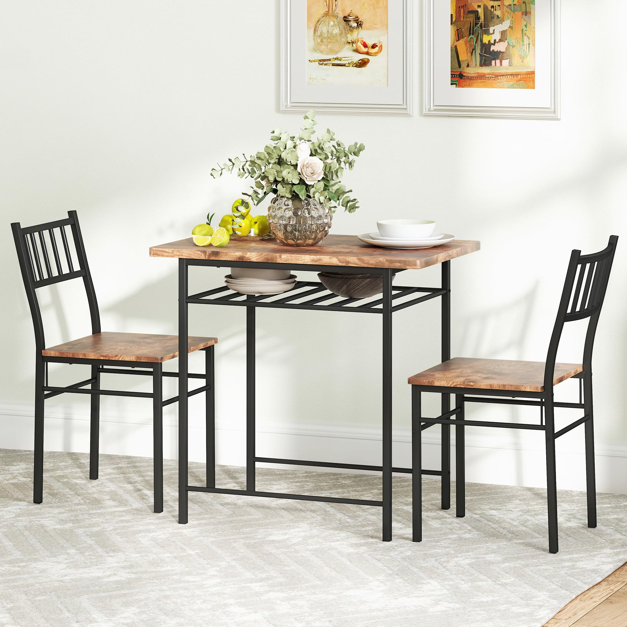 Juego de mesa de comedor de 3 piezas para 2, mesa de cocina pequeña y sillas con estante de almacenamiento integrado y marco de acero, para rincón de desayuno y espacio pequeño, marrón rústico 8