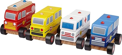 Juego de 5 bloques de madera para Toysters Ambulancia de madera, coche de policía, bomberos y autobús escolar, juguete para niños de construcción de