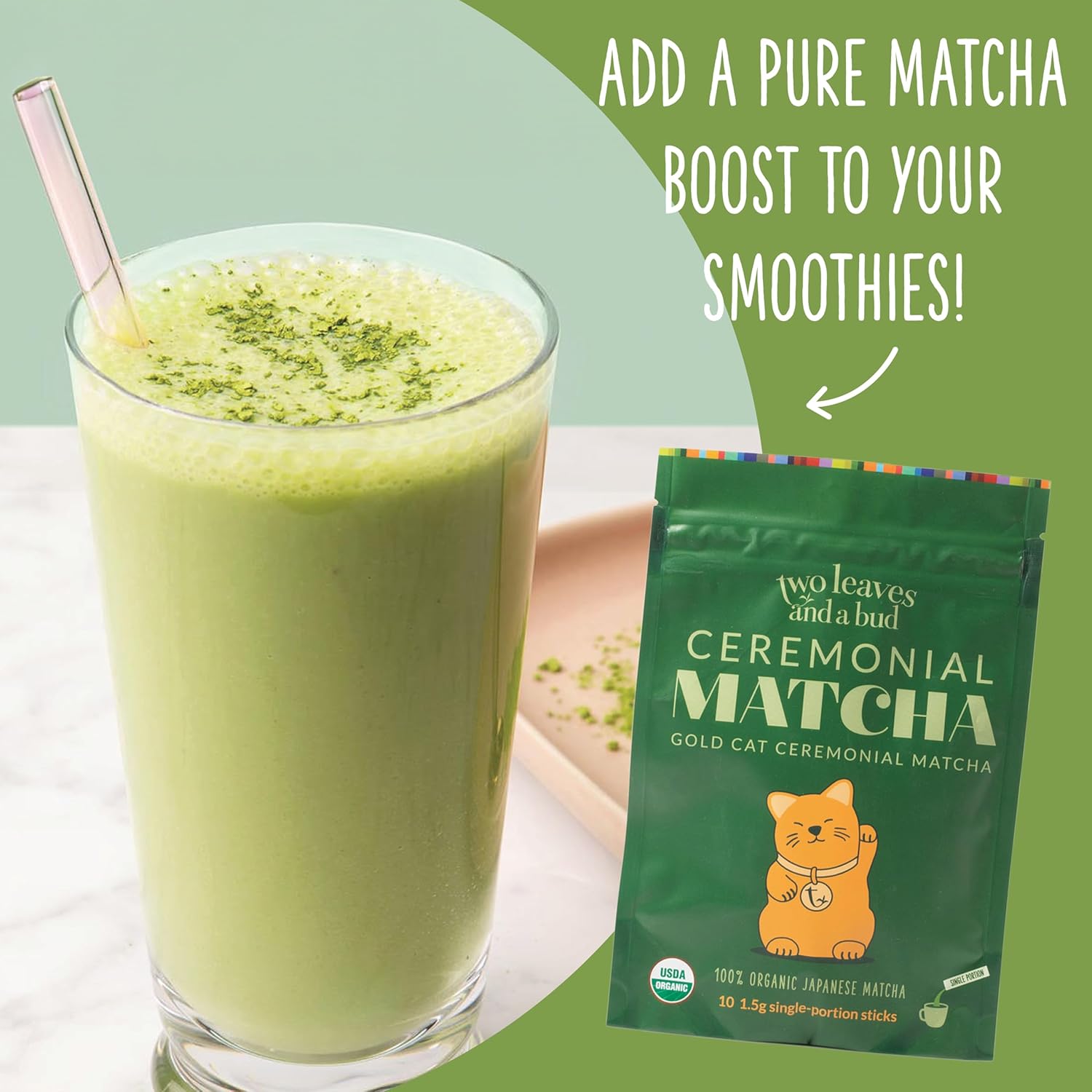 Two Leaves and a Bud Organic Ceremonial Matcha Green Tea, 100% Japanese Matcha powder, 1.5g Pre-Portioned Single-Serve Sticks, Pack of 10