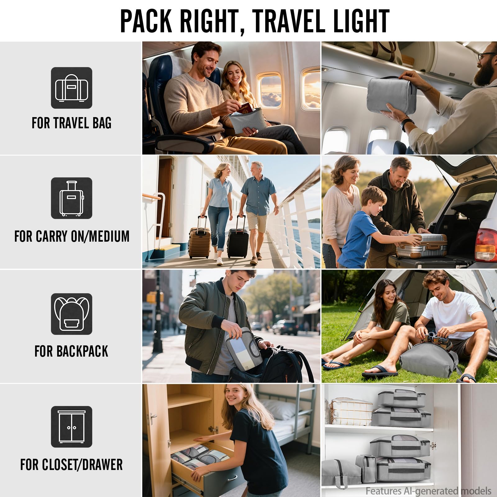 Veken 10 Set Packing Cubes for Travel Essentials,Anti-Wrinkle Buckled Suitcase Organizer for Shoe & Toiletry Bag,Carry On Luggage Bag with 99+ Count Mesh Holes for Airplane & College Dorm Accessories view 8