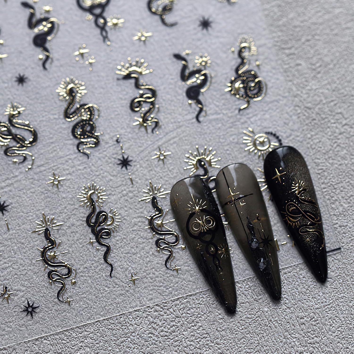 Snake Nail Art Stickers Gold Star Black Snake Nail Decals 3D Self-Adhesive Laser Sun Starlight Nail Design Y2K Shiny Horror Snake Nail Supplies Snake Print Nails Foils for Women Nails Manicure