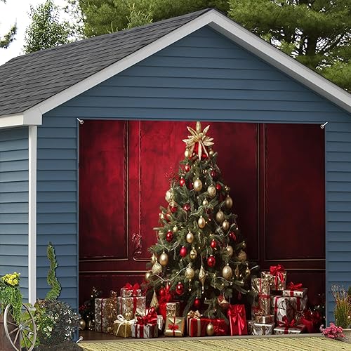 Miniatura 1 de Árbol de Navidad de 7 x 8 pies, decoración retro para puerta de garaje, decoración de pared roja, adornos de esfera dorada, regalos festivos,