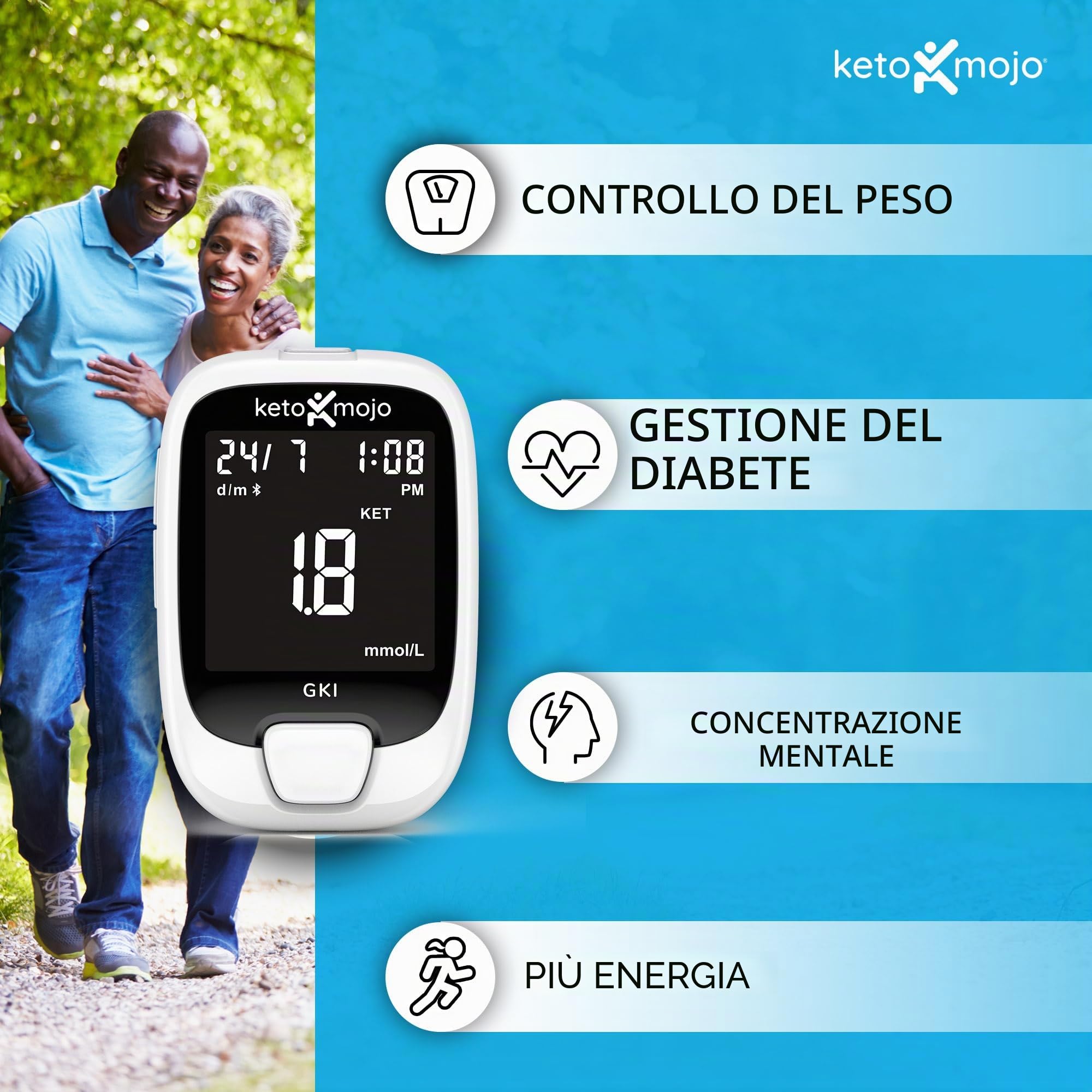 KETO-MOJO GKI Kit Bluetooth per test di glucosio e chetoni + APP gratuita, 20 strisce reattive (10 ciascuna), misuratore, 20 lancette, dispositivo di puntura e soluzioni
