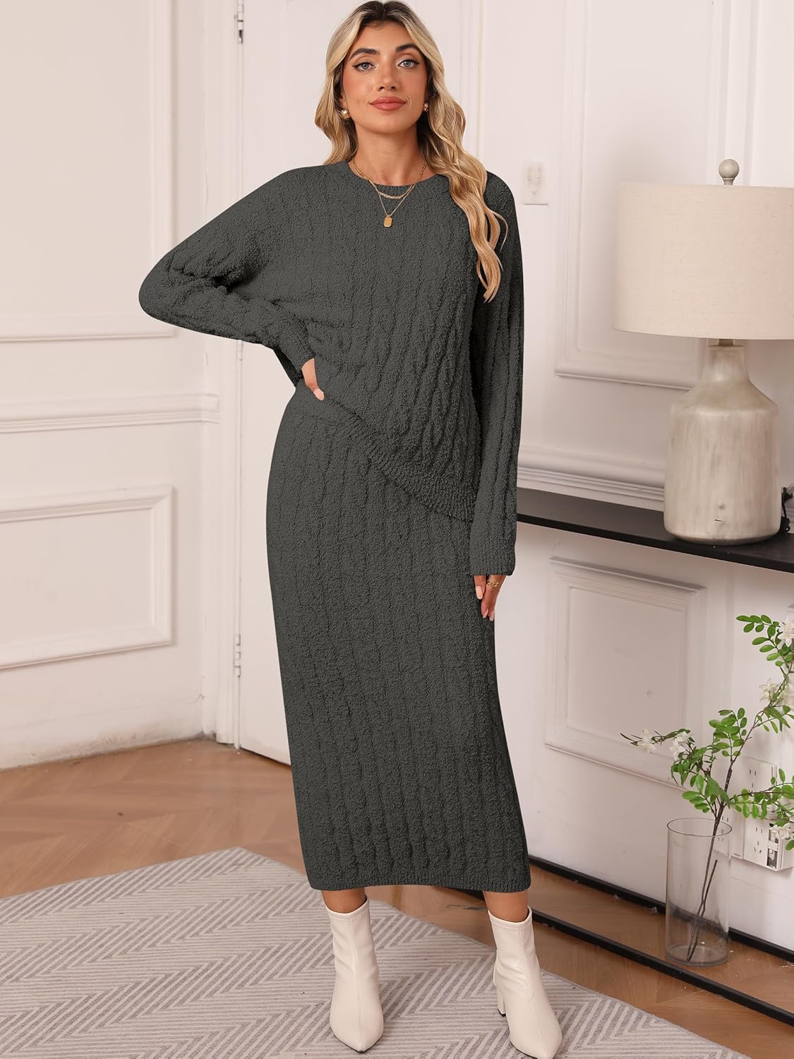 Women's 2 Piece Sweater Set Outfits Long Sleeve Pullover Top Bodycon Maxi Long Skirt Knit Dresses 2025 Fall - Image 4