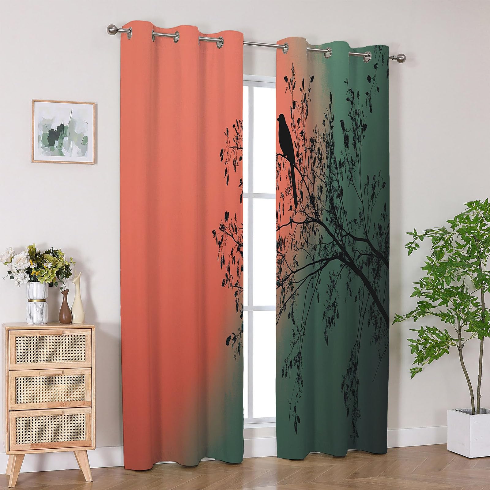 Boho Vintage Blumen Vorhänge Einfache Naturpflanzen Muster mit Ösen in Grau Schlaufenschal 2er Set für Wohnzimmer Schlafzimmer Kinderzimmer-H230 x B130 cm (2er Pack)