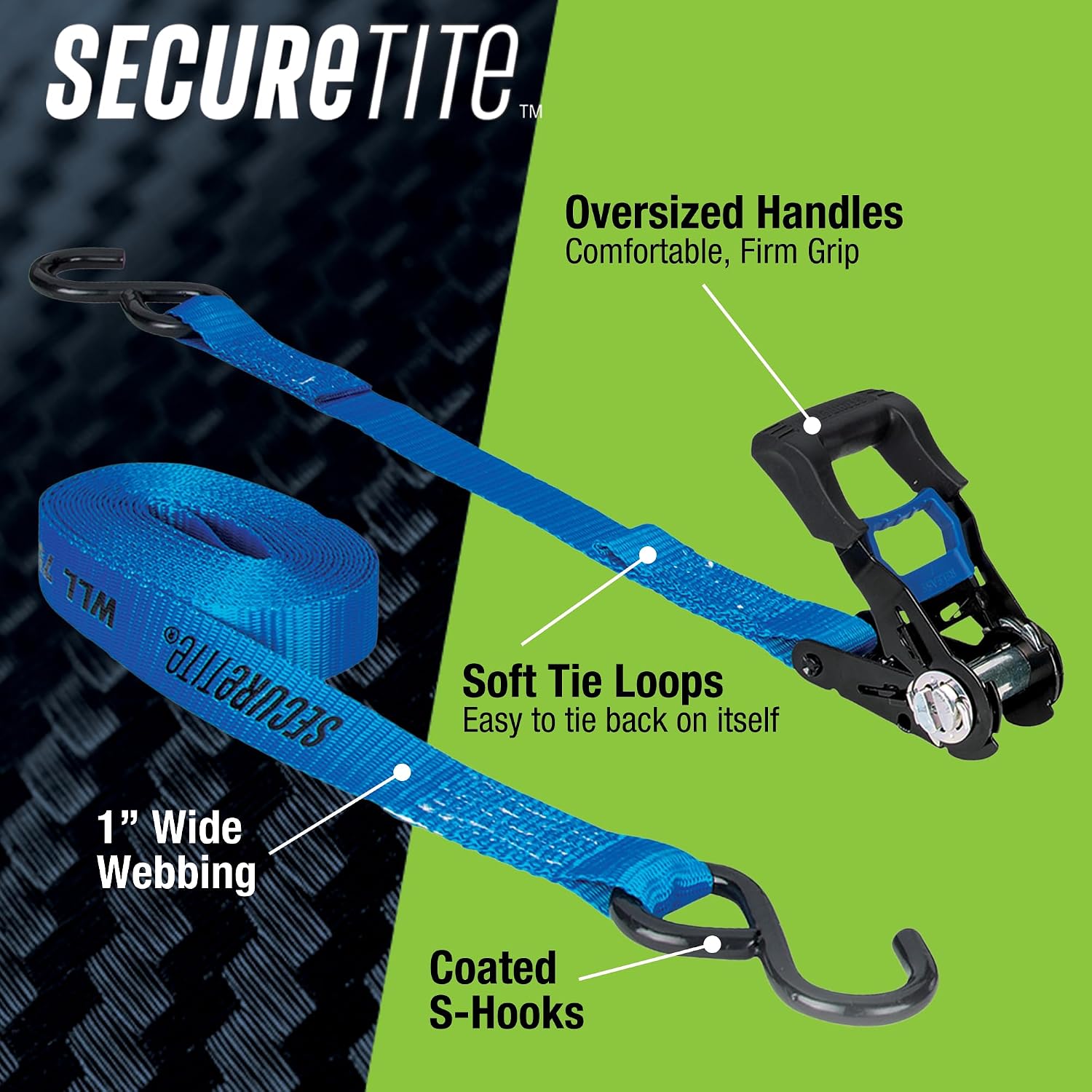 Secure Tite Ratchet Tie Down 4 Pack, 1 in. x 15 ft. Heavy Duty Cargo Straps with Soft Ties –2,250 lb Break Strength for Motorcycle, ATV, UTV & Moving – Includes Bungee, Hook & Loop Wraps & Storage Bag