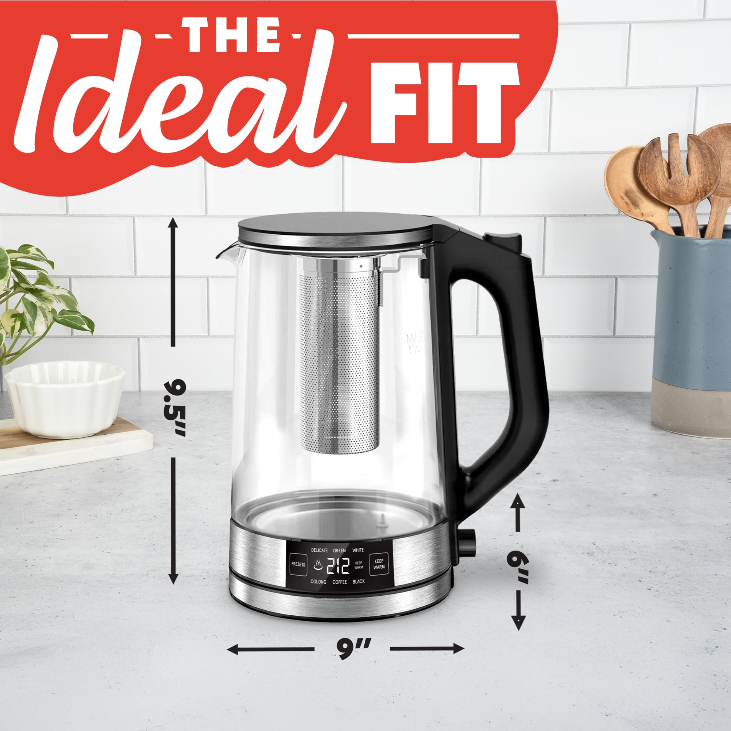 Gourmia Programmable Digital Glass Kettle – 1.7L Adjustable Temperature Electric Kettle with 6 Presets, Keep Warm, Stainless Steel Tea Infuser, 360° Swivel Base, Black