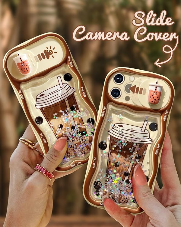 Toycamp for iPhone 15 Pro Max Case - Women Girls Cute Phone Cover Boba Milk Tea with Sliding Camera Cover Girly Bling Glitter Kawaii Design Flowing Liquid Quicksand Case for iPhone 15 Pro Max 6.7 " by Toycamp - Used condition - Image 5