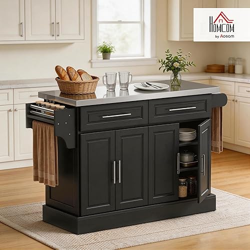 Miniatura 2 de HomCom Isla para cocina. Gabinete moderno con ruedas, con parte superior de acero inoxidable., Negro