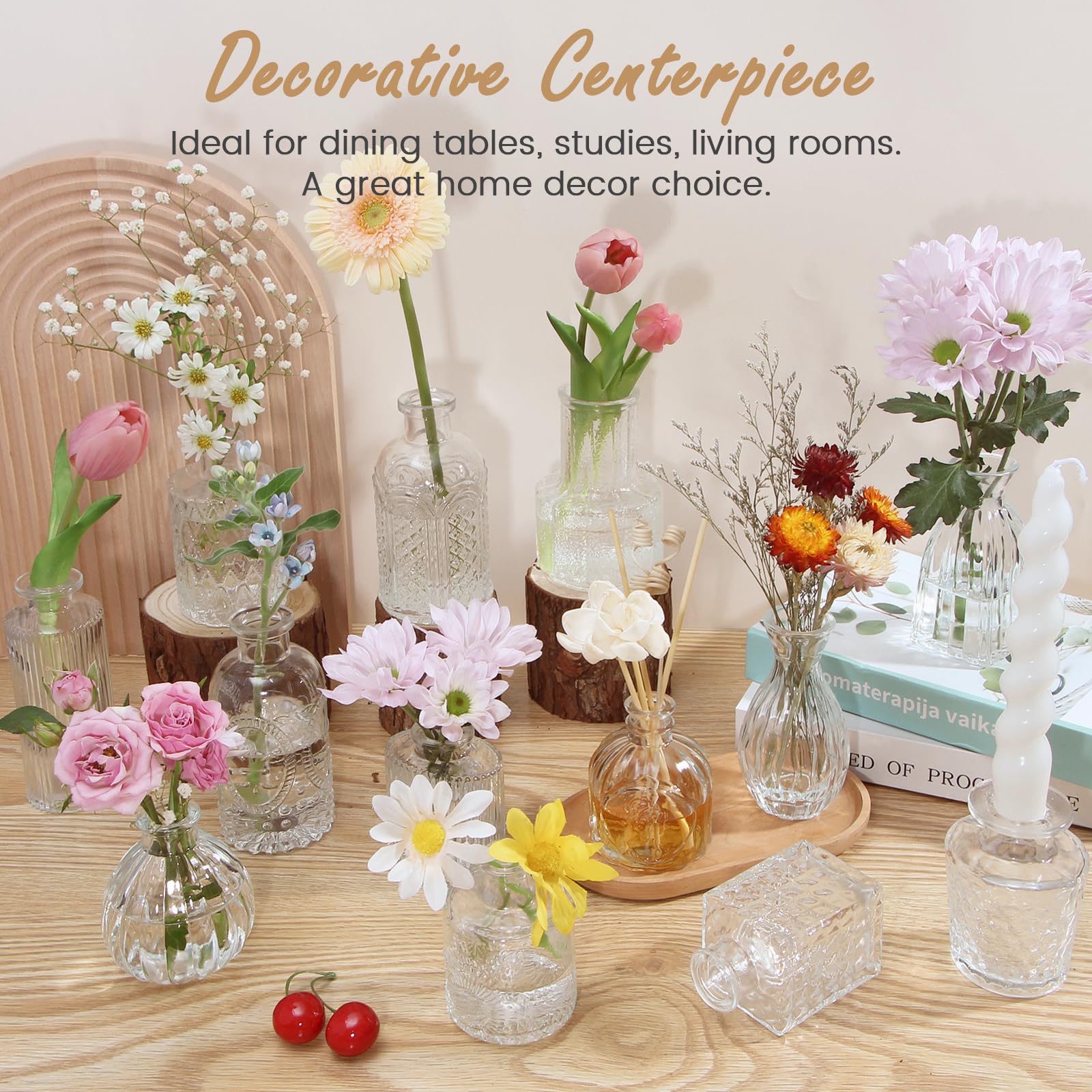 Lot de 33 vases à boutons, mini vases à fleurs pour centres de table, petits vases transparents pour fleurs pour décorations d'anniversaire, réception de mariage, décoration de maison