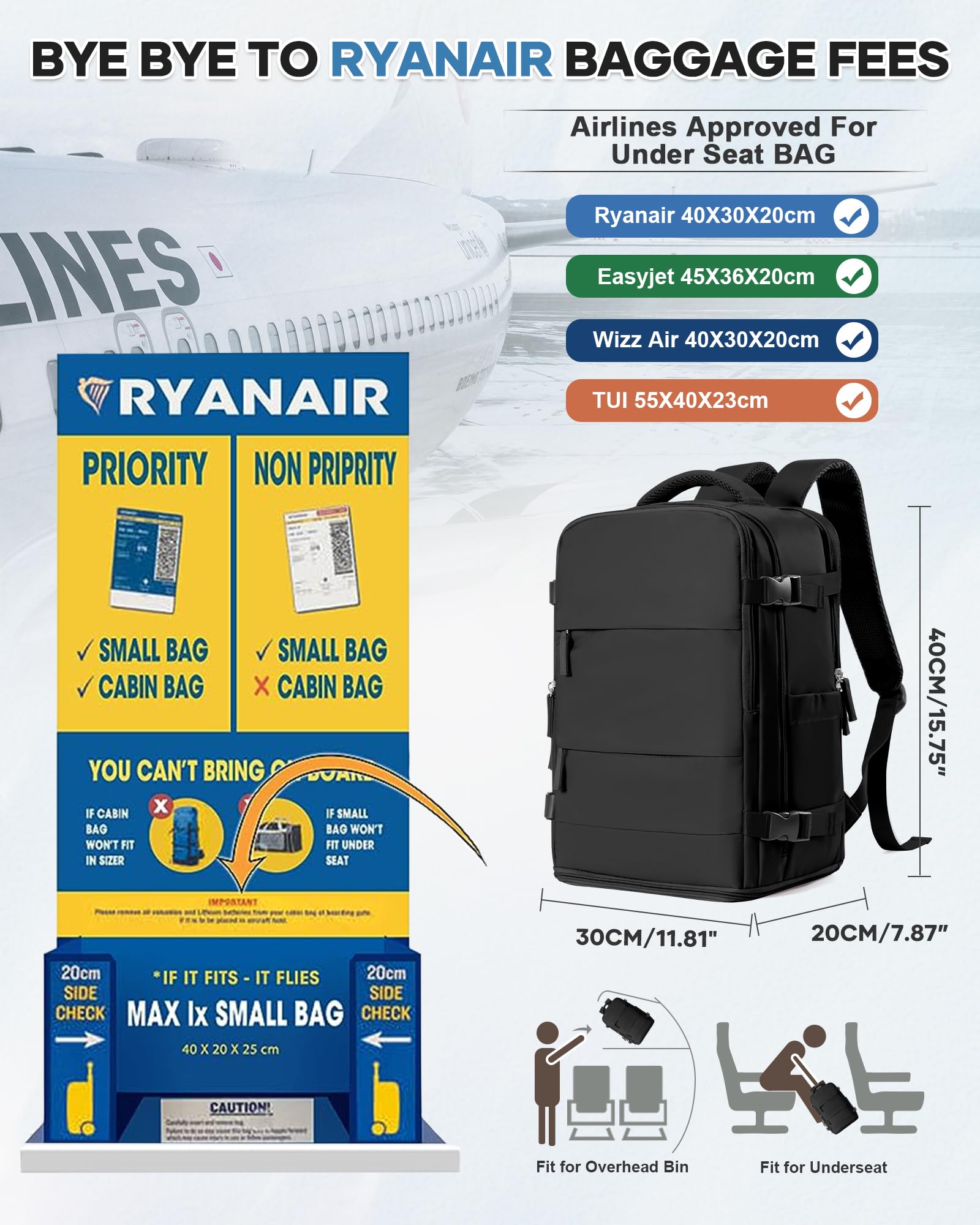 Mochila Viaje Cabina Avion 40x30x20 para Ryanair Impermeable Mujer