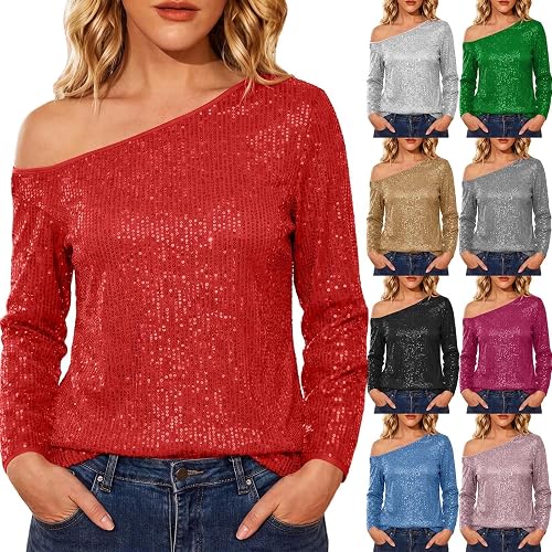 Sparkly Tops for Women One Shoulder Long Sleeve Sequin Shirt Holiday Outfit