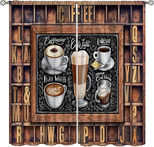 Cortinas de cocina de café, cortinas retro con patrón de granos de café, cortinas de ventana para decoración de cocina, cafetería, telón de fondo de