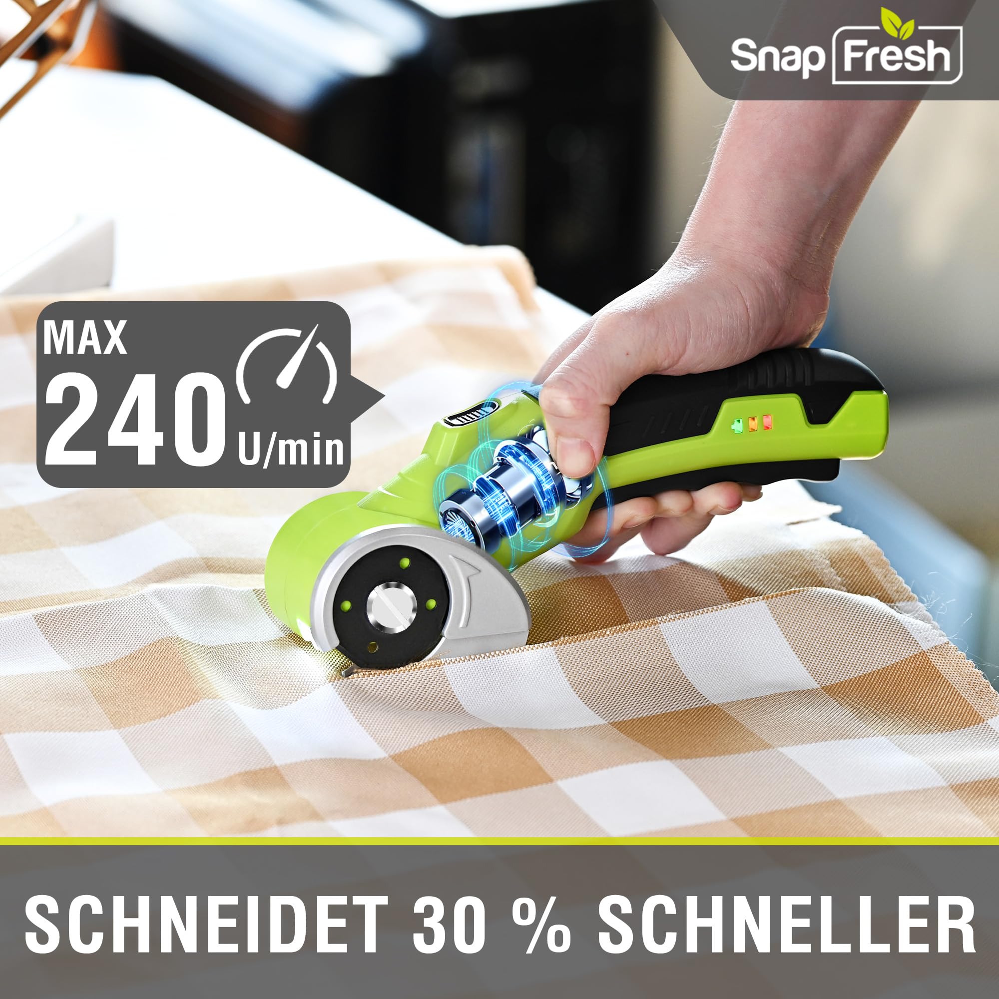 SnapFresh Kartonschneider Akku Elektrische Schere Rollschneider Kabelloser Universalschneider mit 2 Selbstschärfenden SKS7-Klingen & LED-Licht – Schneidet Karton, Papier, Teppich, Leder, Filz, PVC