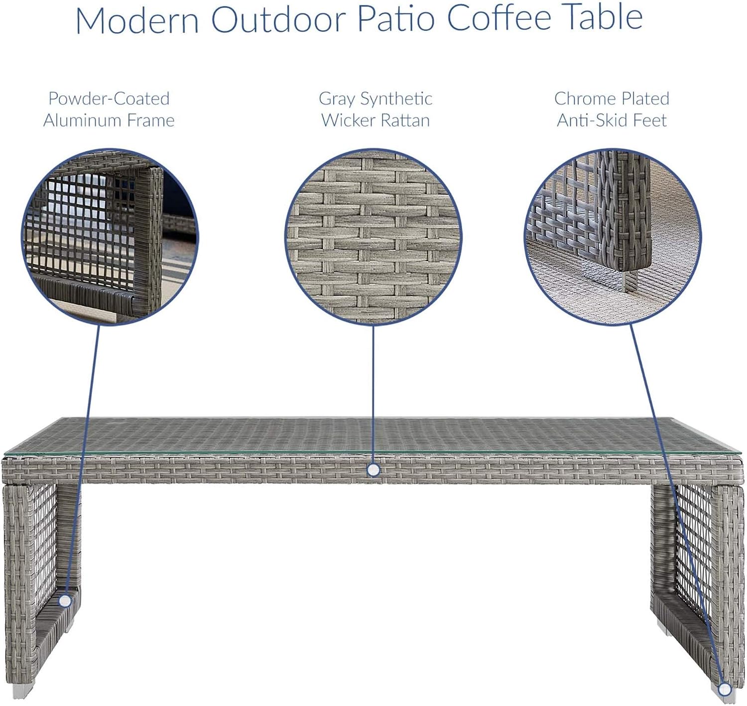 Ergode Endeavor Outdoor Coffee Table | Waterproof Black Aluminum Legs | Designer Gray Synthetic Rattan | Easy-to-Clean Tempered Glass Top | Premium Lounge Experience (EEI-2919-GRY-VV)