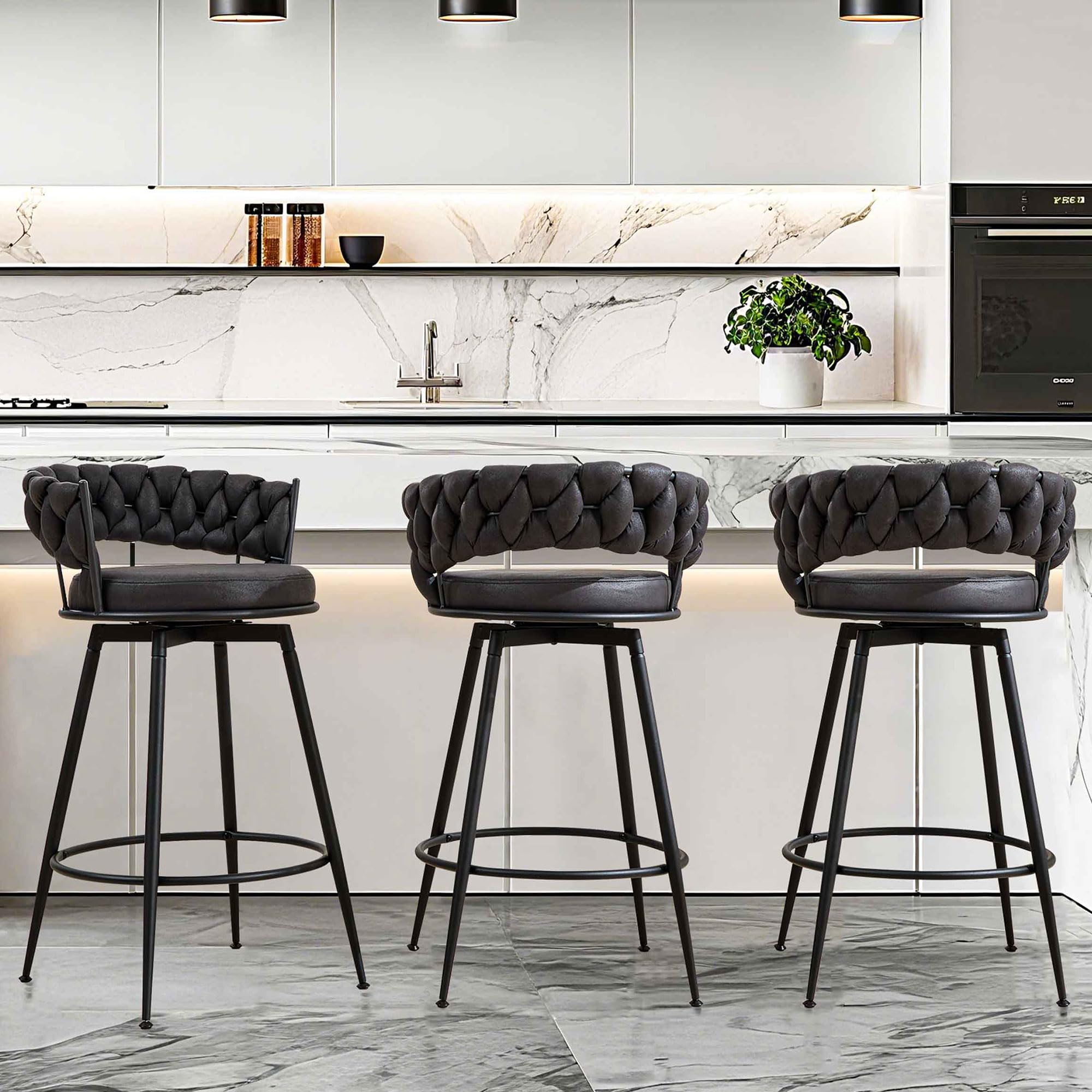 FUNCOLOR HOME Black Bar Stools Set of 3, 28 Inch Counter Height Bar Stool with Metal Legs, 360° Swivel Barstools with Woven Back, Upholstered Suede,