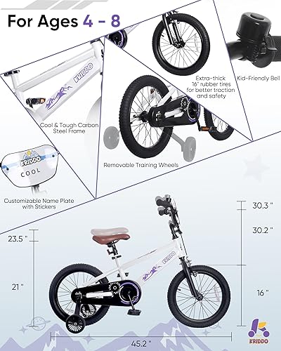 Vista 6 de KRIDDO Bicicleta para niños de 14 a 16 pulgadas para edades de 3 a 8 años, bicicleta para niños y niñas con ruedas de entrenamiento extraíbles