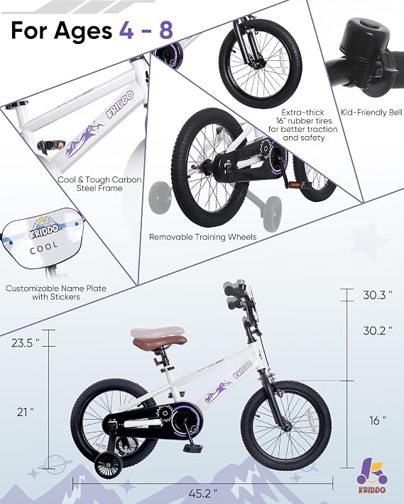 KRIDDO 14-16 Inch Kids Bike for Ages 3-8, Boys & Girls Bicycle | Removable Training Wheels, Hand Brake & Coaster Brake, Adjustable Height, DIY Name Plate