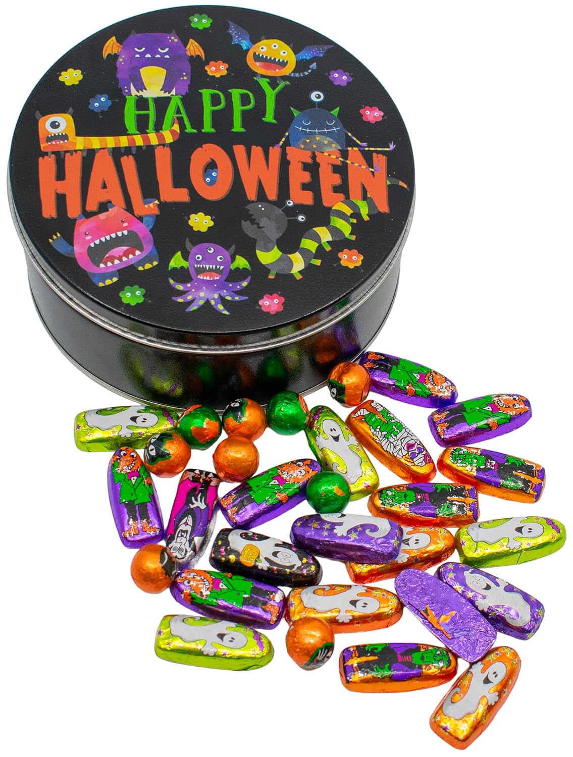 Festive Foil-Wrapped Milk Chocolates in Keepsake Tin Box (2 lbs, Happy Halloween Monsters)