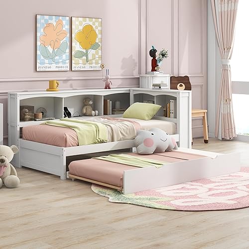 Miniatura 21 de LZ LEISURE ZONE Sofá cama de tamaño individual, cama de plataforma de madera con cajones, color blanco Blanco,Leche blanca