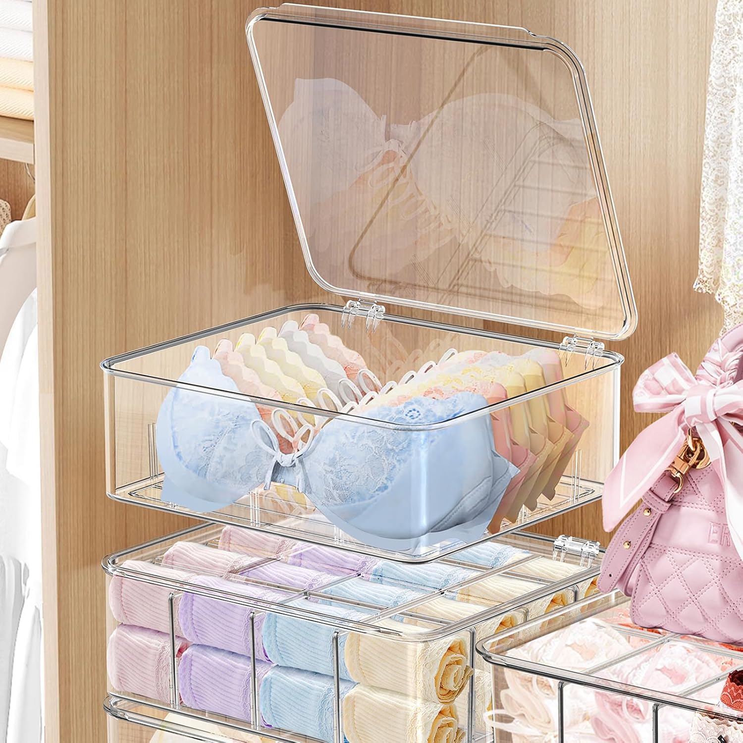 DILIBRA 2pcs Socks Bra Underwear Organizer for Closet, 16 Compartment Removable Divided Plastic Sock Storage Box with Lid, Clear Dresser Drawer Organizer Storage Container for Bra Socks Ties Scarf 2 Packs Clear