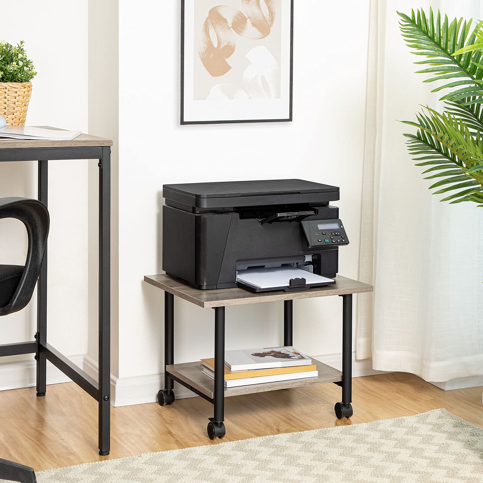 HOOBRO Soporte de Impresora, Carro Móvil con Ruedas y 2 Estantes, para Oficina, Casa, Copiadora, Escáner, Microondas, Macetas, Estructura Metálica, Greige y Negro EBG02PS01