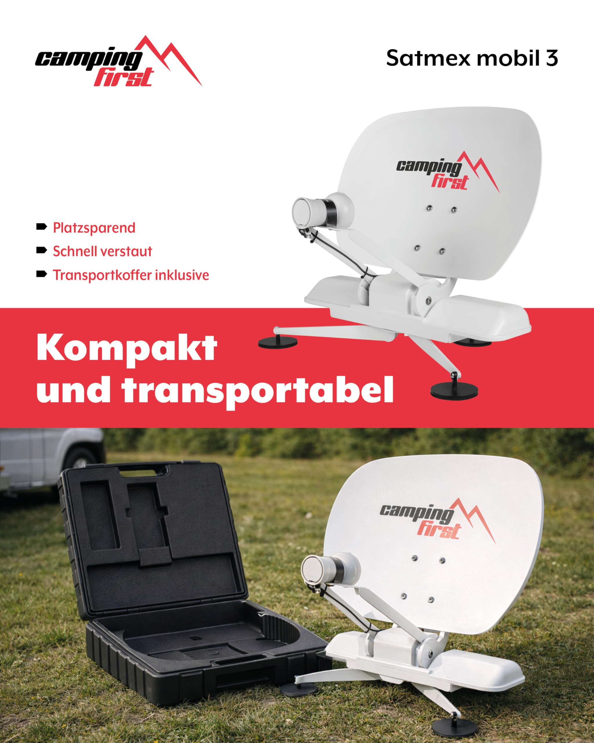 Satmex mobil 3 – Vollautomatische Sat-Antenne – Weiß | Selbstständige Ausrichtung auf Astra 19,2° Ost, keine separate Stromversorgung nötig
