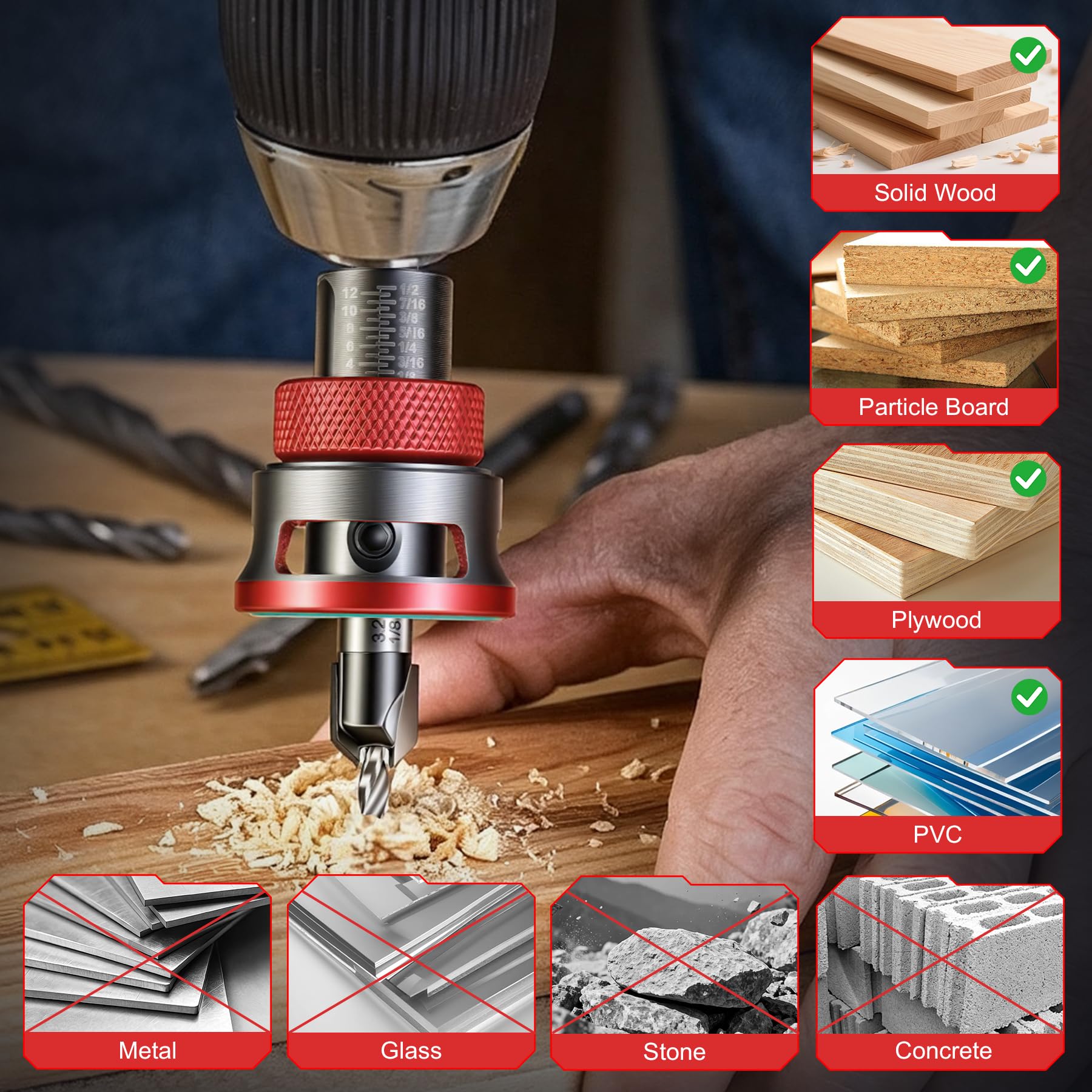 Lot de 5 forets à fraiser à bois TCT et fraise HSS-M2 avec tige hexagonale 1/4", clé L, embout S2 PH2, fraise avec butée de profondeur, idéal pour le travail du bois