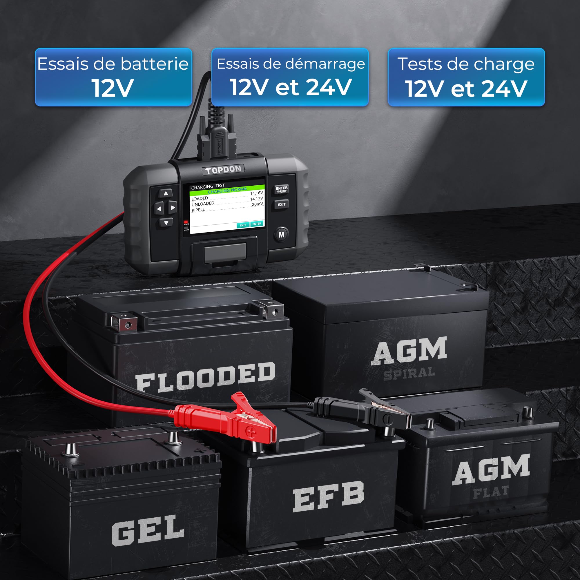 TOPDON Testeur de batterie BT600, 12V 24V Testeur Batterie Voiture kfz avec imprimante 100 à 2000 CCA écran couleur de 3,5 pouces câble de 5,9 pieds, mini USB pour les mises à jour logicielles