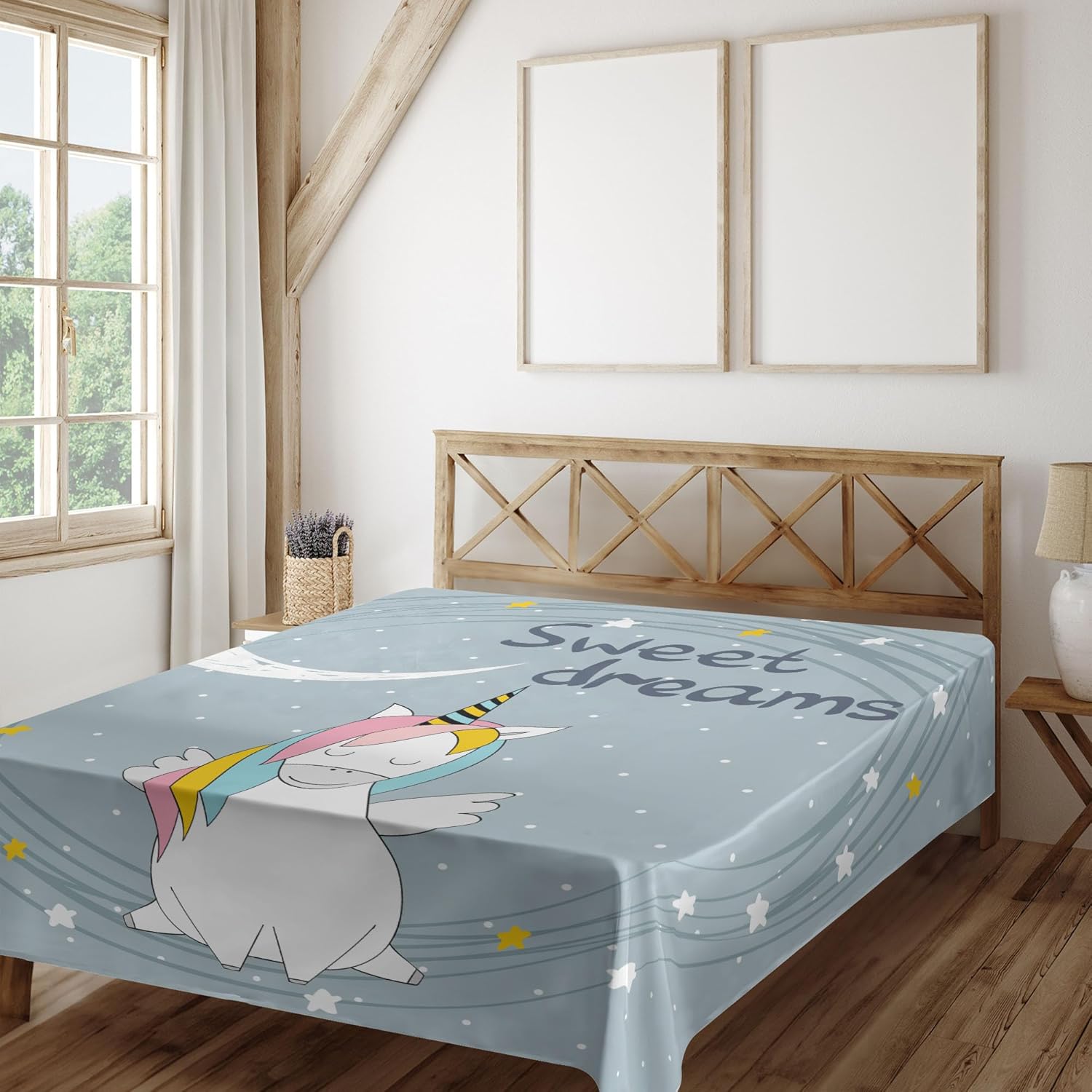 Ambesonne Cartoon Flat Sheet, Unicorn Crescent Dreams Pattern Night Themed Nusery, Soft and Comfortable Top Sheet Decorative Bedding 1 Piece, Full Size, Blue Grey Multicolor