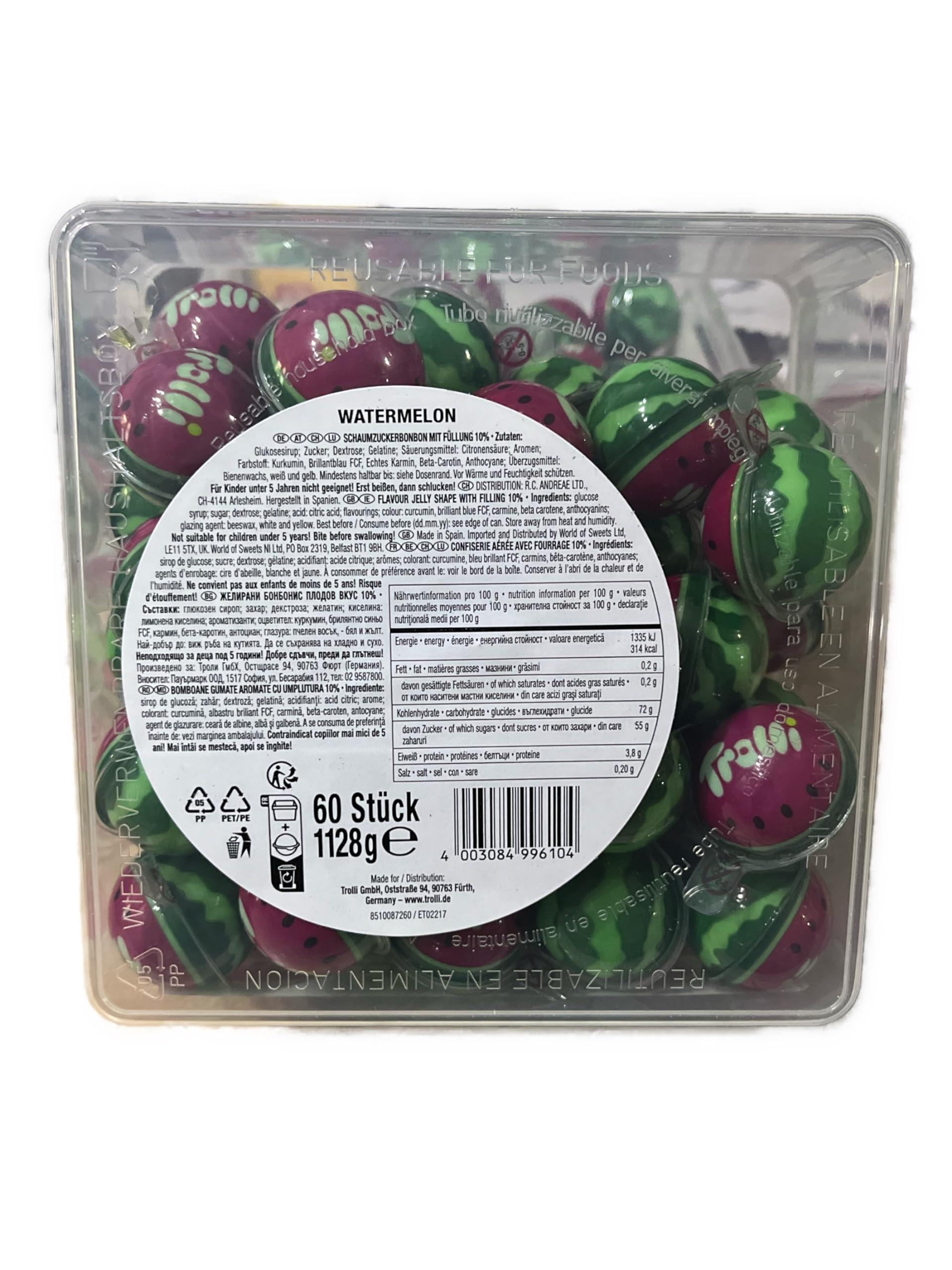 Trolli Watermelon Splash/Dose mit 60Stück Wassermelonen Schaumzuckerbonbons mit saurer Füllung / 1,128Kg