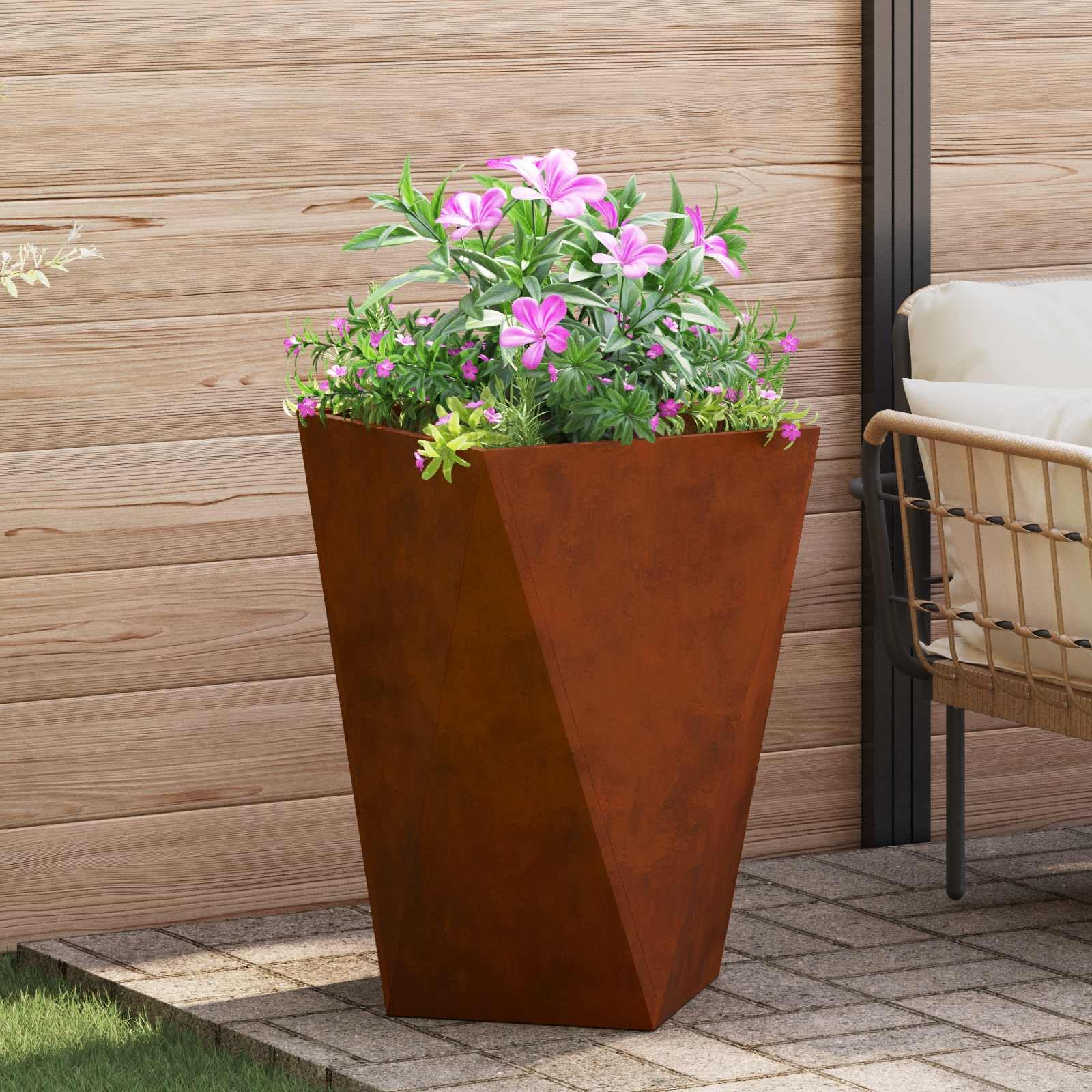 Pflanzkübel 75 cm hoch aus Stahl wetterfest, rechteckiger Gartenpflanzer für Terrasse, robuste Pflanzkübel mit integrierter Basis für Stabilität, modernes Design mit gewellten