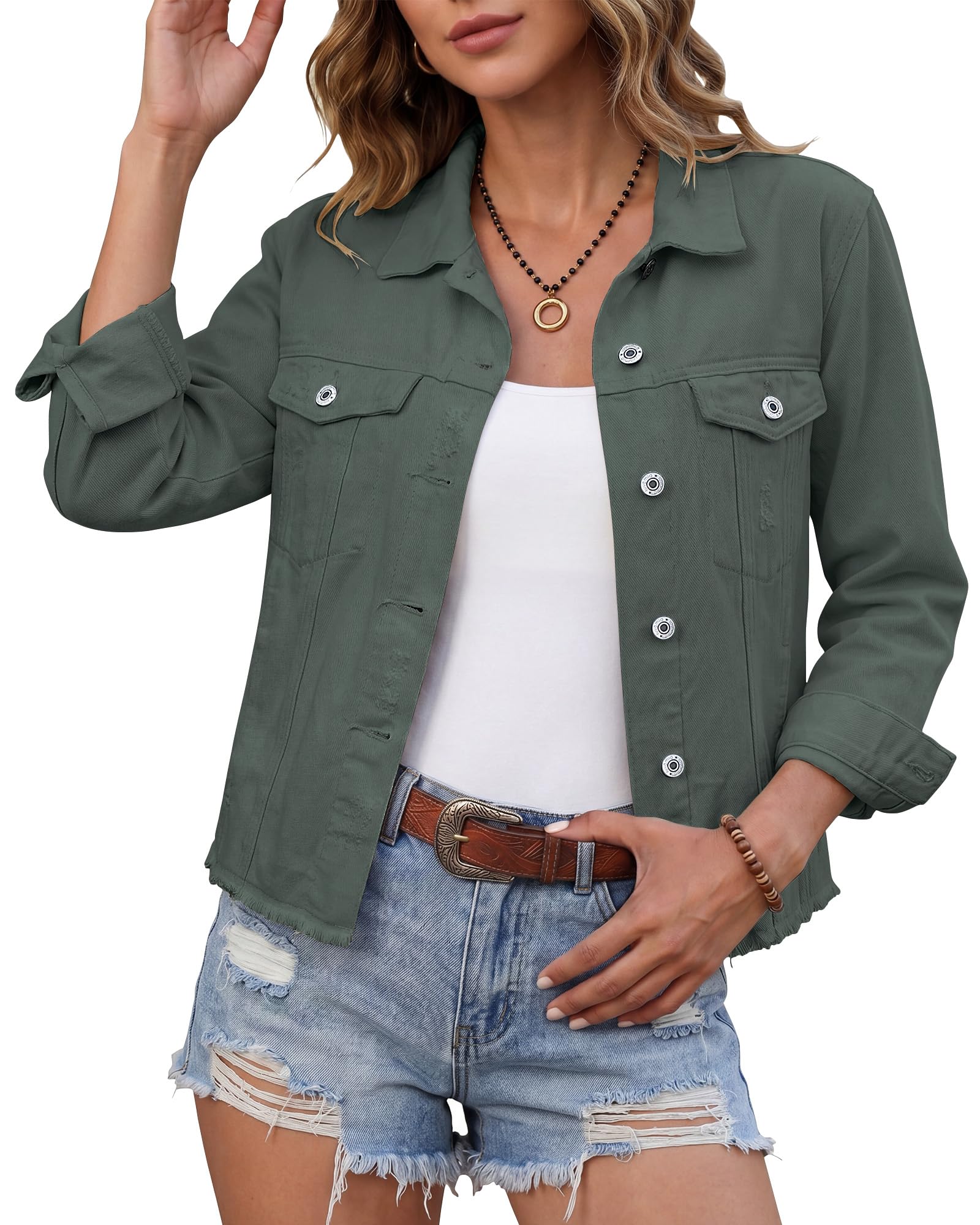 luvamia Denim Jacket for Women Distressed Jean Jackets Button Up Vintage Western Trucker Jacket Frayed Hem Pockets