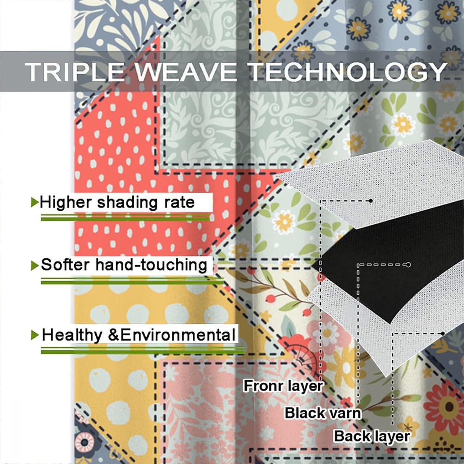 Boho Patchwork Blackout Curtains,Colorful Retro Mid-Century Floral Spring Plant Rustic Print Rod Pocket Window Treatments Drapes for Bedroom Living Room Kitchen Bath84x84in