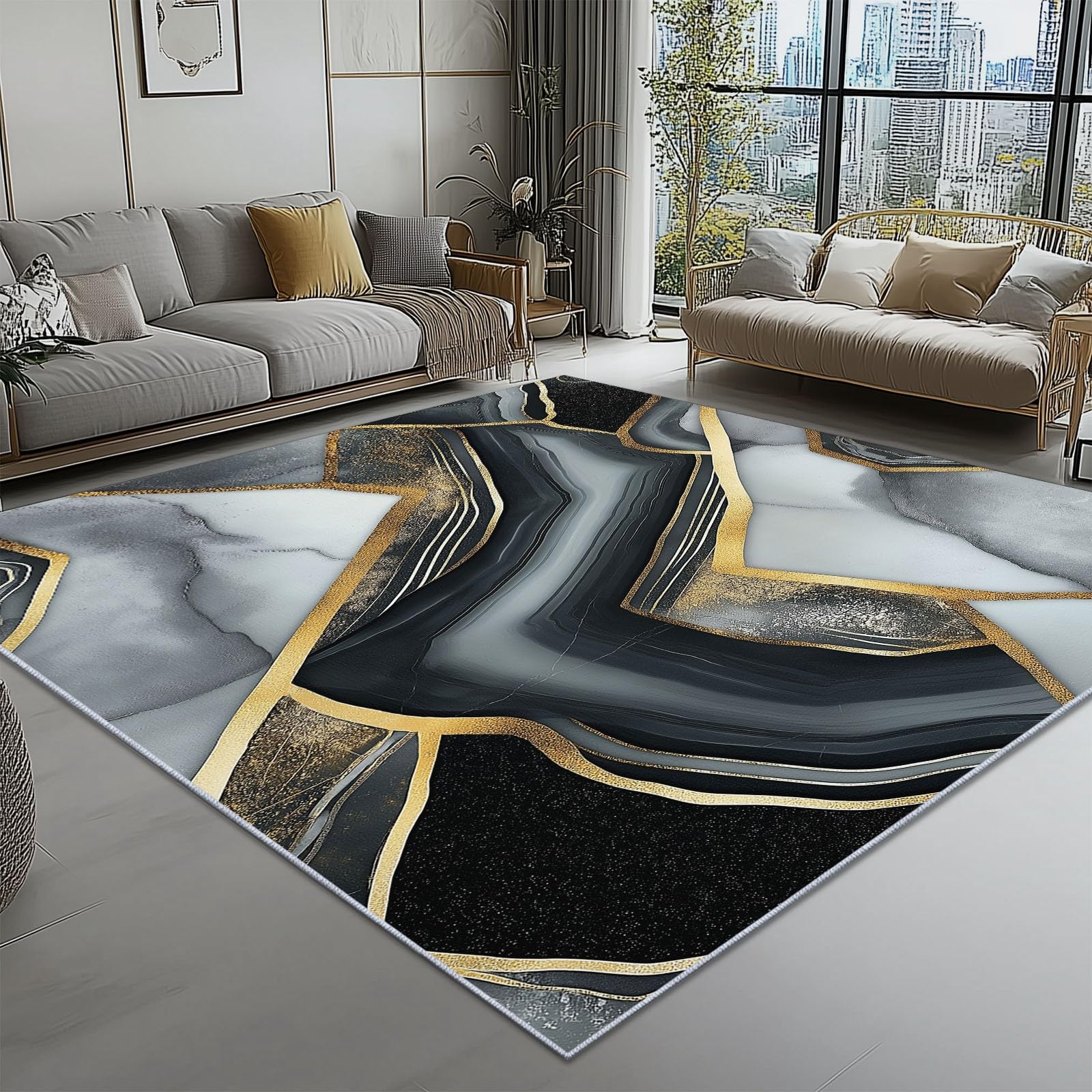 Tapis Moderne Agate Géométrique imprimé pour Salon, Gris Or Tapis Poil Ras Doux et antidérapant Design Moderne Lavable, décoration intérieure, 120 x 170 cm