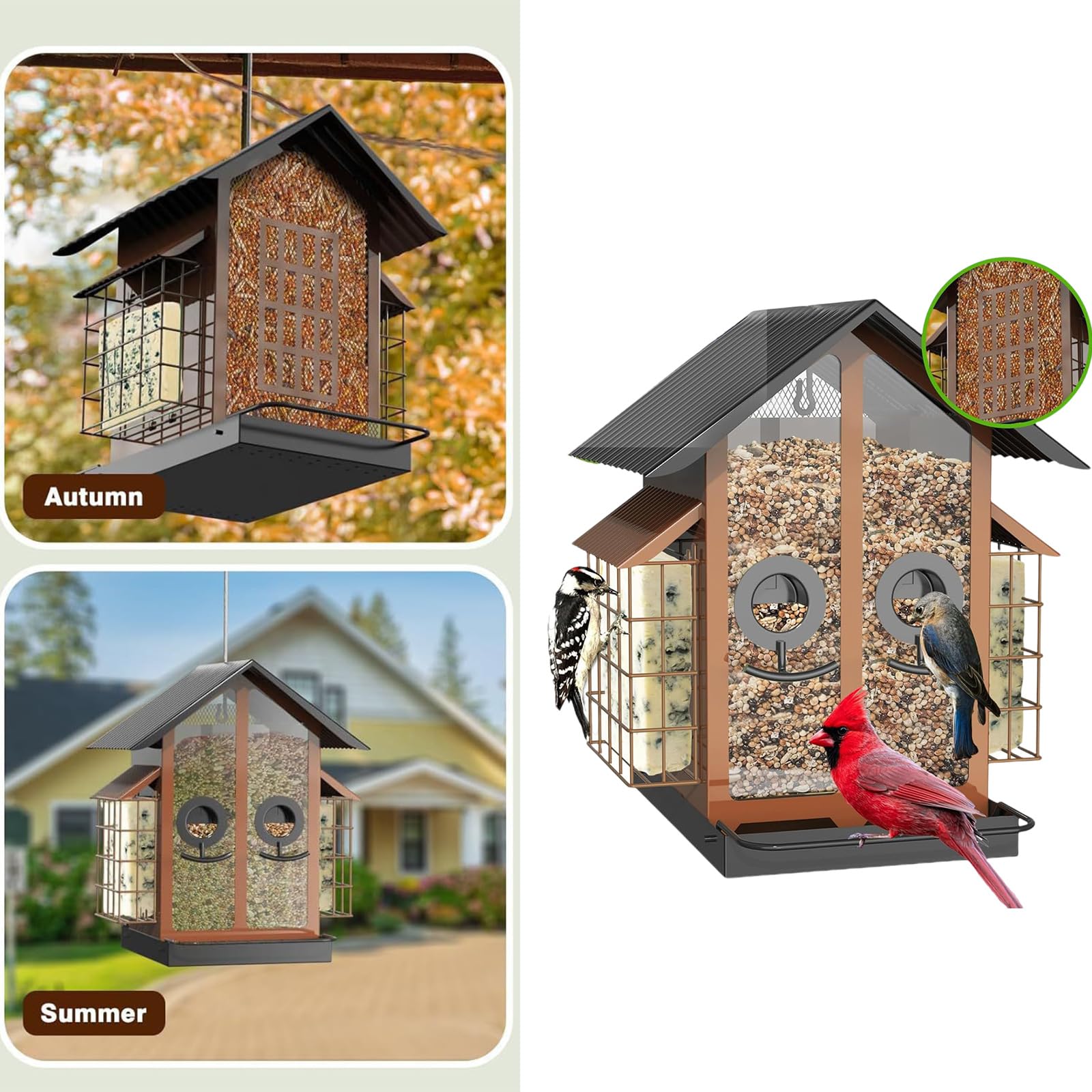 Comedero para pájaros de Gran Capacidad para jardín y Patio, diseño de Percha con construcción de Metal para comedero para pájaros Colgante Aire Libre