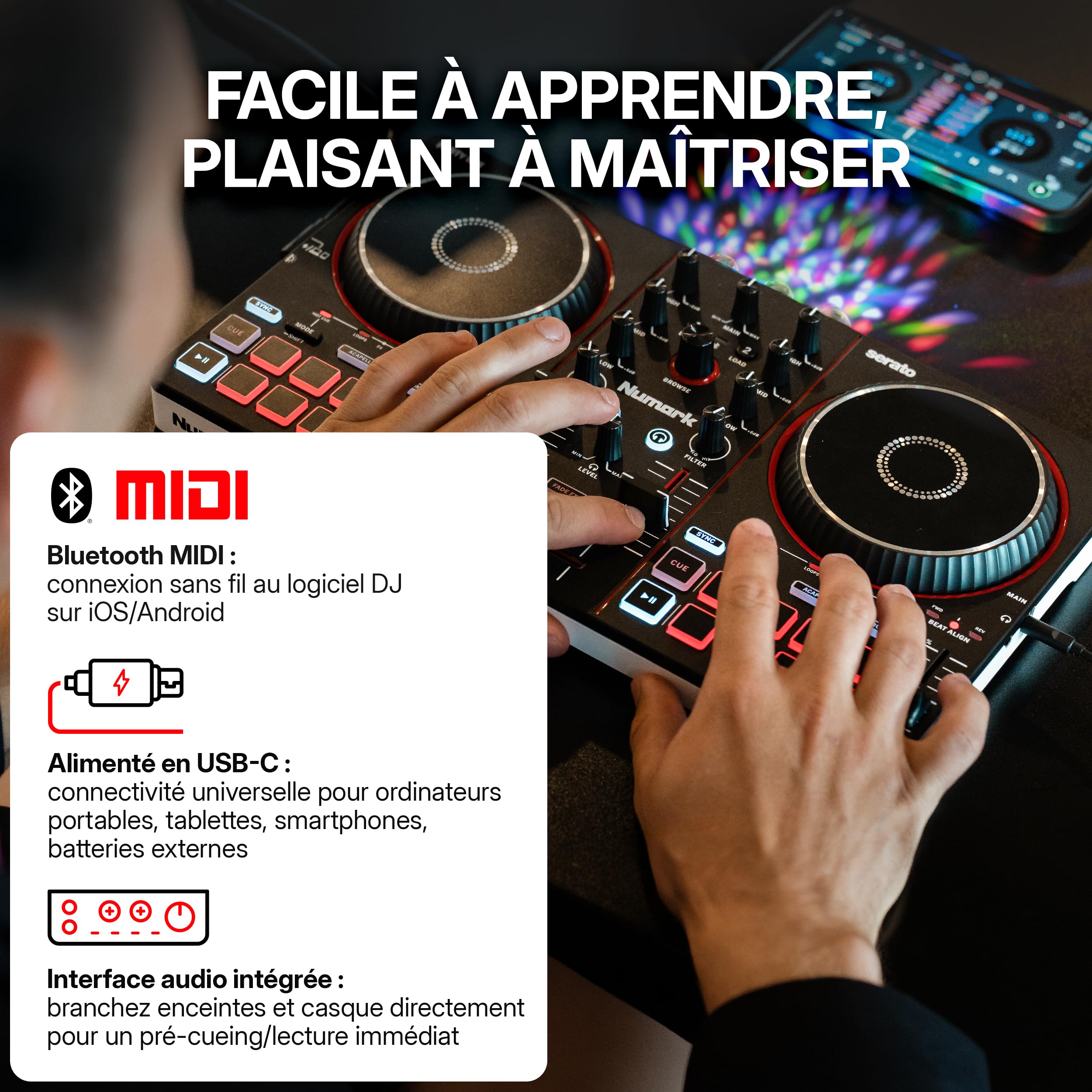 Numark Party Mix III Contrôleur DJ Bluetooth à Lumières Intégrées | Beat Assist, Smart Fader, 16 pads, mixeur DJ 2 decks, contrôle Stems, USB-C, Serato DJ Lite et Algoriddim djay inclus