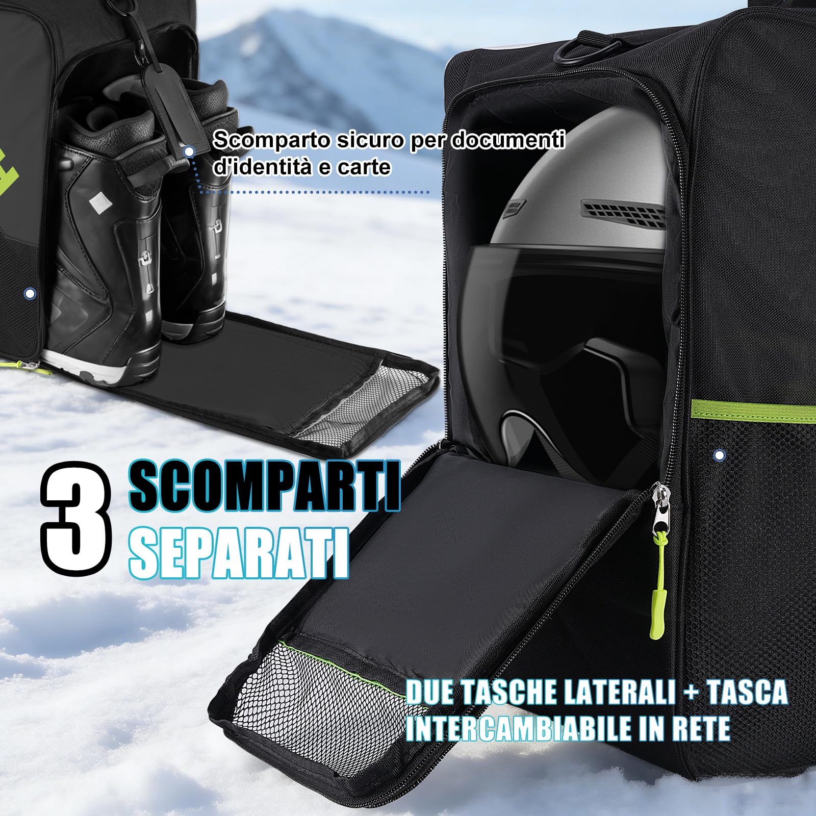 Hikeen Zaino Portascarponi da Sci con Scomparto per Casco, 40L, Ventilazione a Rete, Base Rinforzata Eva, Apertura Ampia e Materiale Resistente, per Sci e Pattinaggio