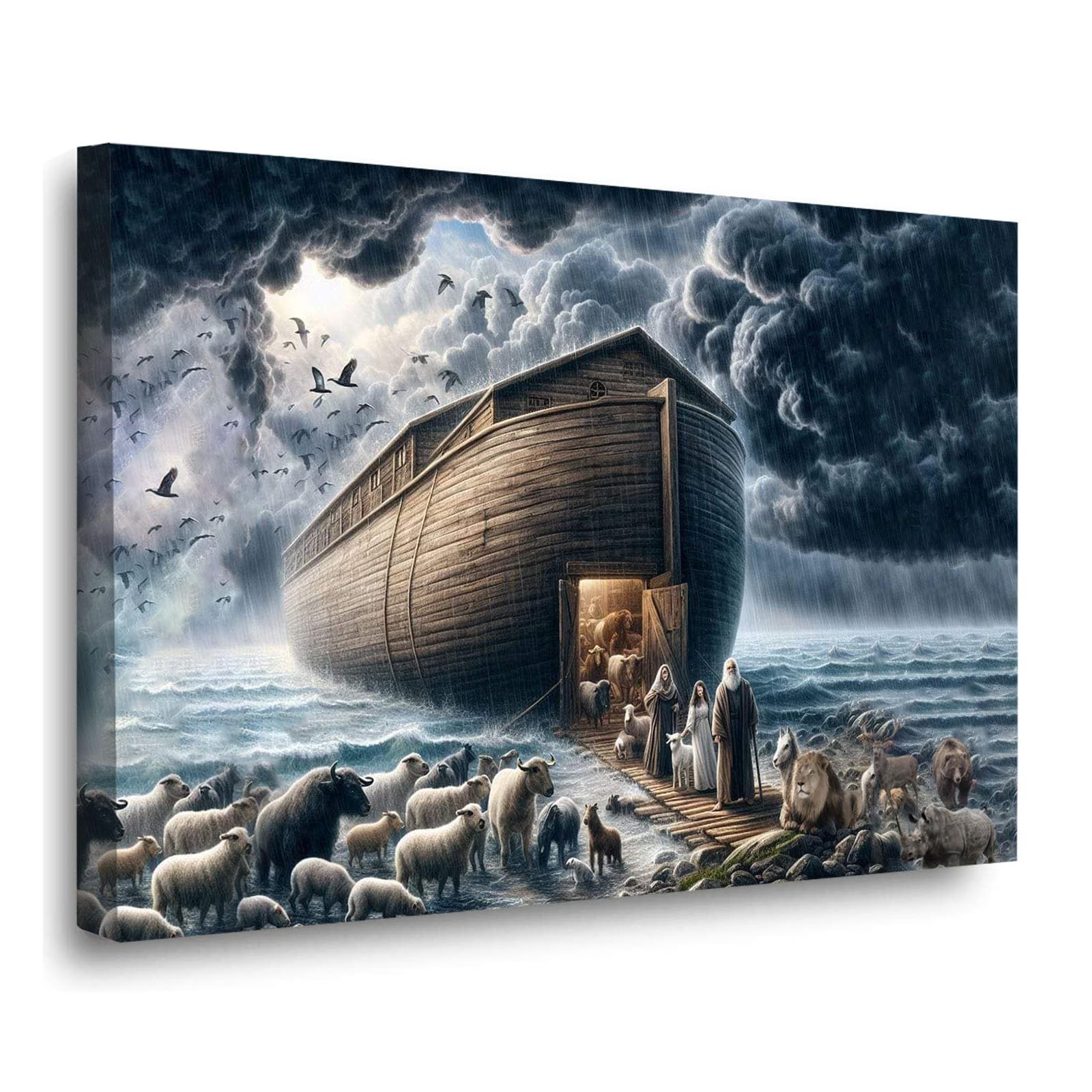 Ark canvas wall art Jesus leading animals to escape flood on earth Christian art print from bible story Jesus Christ the Savior inspirational modern