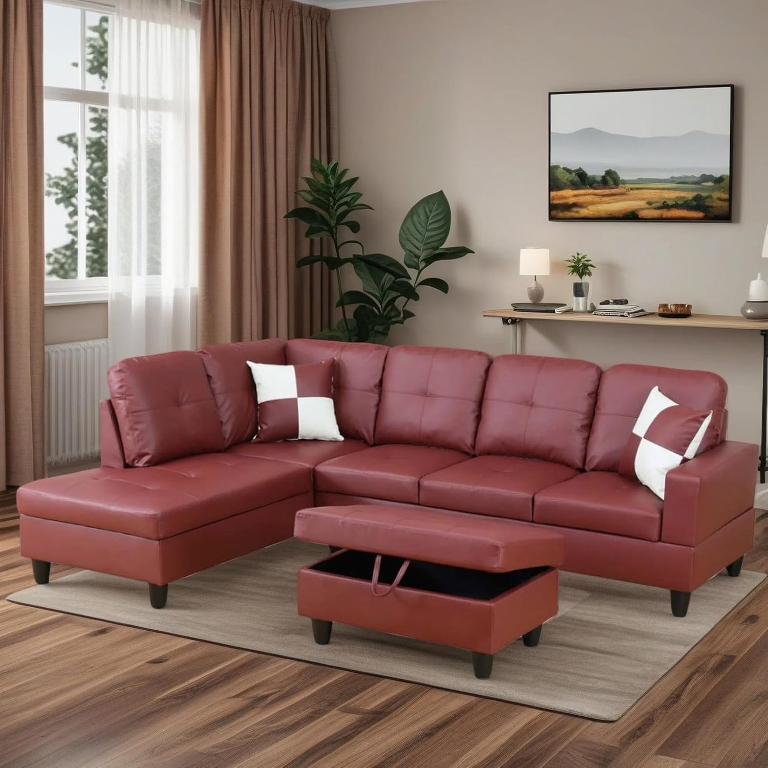 103.5" Sectional Couches for Living Room, Leather 4 Seat L Shaped Couch with Chaise, 3-Piece Modular Sofa with Storage Ottoman, Home Furniture Sets for Apartment Office, Dark Red