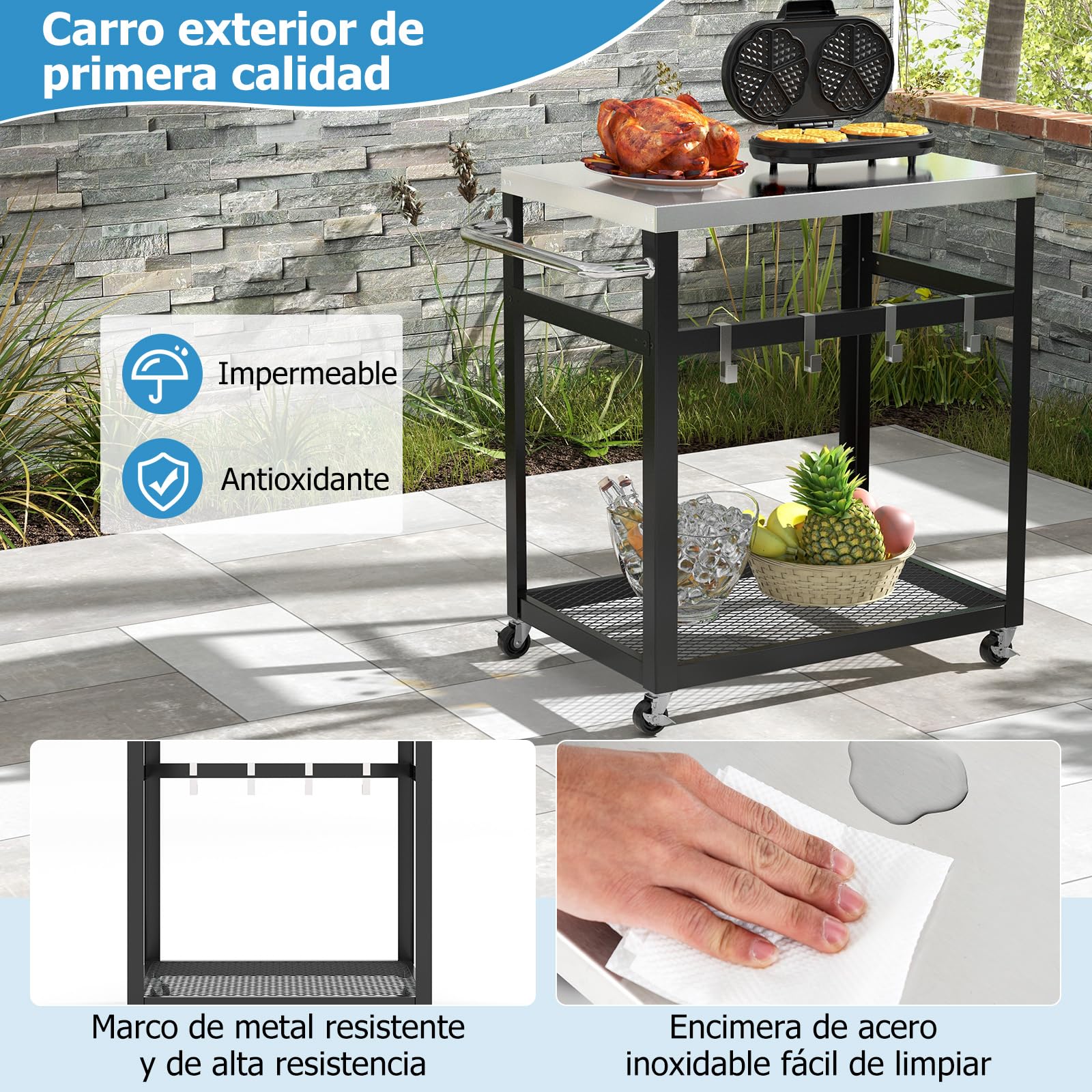 COSTWAY Carro de Servicio de Acero Inoxidable, Carro para Parrilla con Ruedas y Asa, Carro con 4 Ganchos para Bar de Casa, Cocina, Comedor 83,5 x 50,5 x 84,5 cm