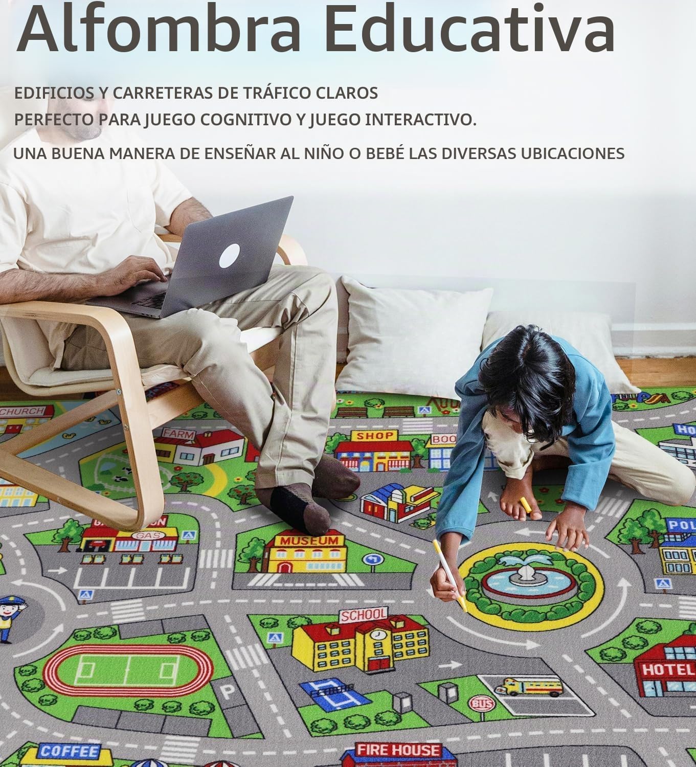 Capslpad Alfombra de juego para coche, 150 x 200 cm, antideslizante, para niños, mapa de la ciudad, alfombra de juego interactiva, lavable a máquina, creativa, educativa, para niños, adolescentes