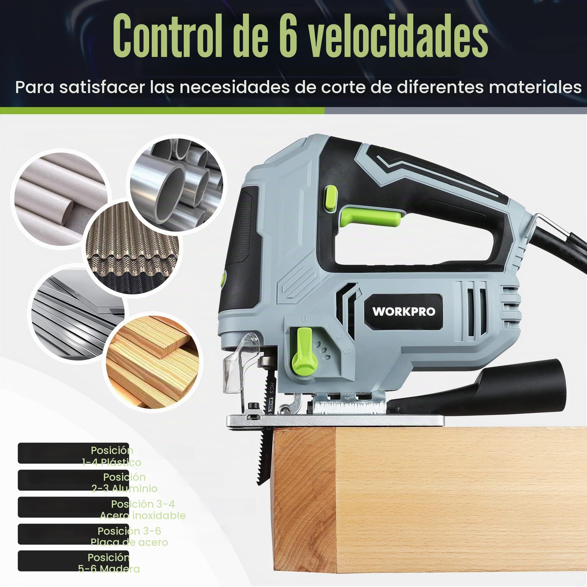 WORKPRO 850W Sierra de calar, con 6 velocidades y 4 posiciones orbitales, función de soplado de polvo, LED luz, ángulo de corte de ±45°, con tubo y regla guía, incluye 7 hojas de sierra