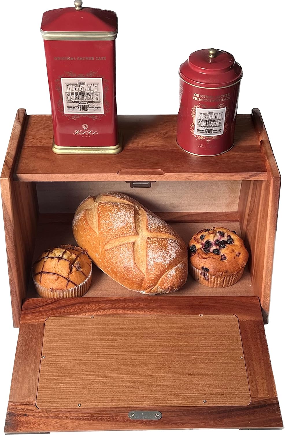 Premium Extra Large Acacia Wooden Bamboo Bread Box | Bread Storage & Organizer | Kitchen Organizer with Rattan Pull-Down - 16"x 10.5"x 9"