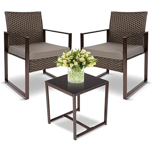 YIYAN 3 Pieces Outdoor Furniture Set Patio Rattan Wicker Chairs & teatable,Lawn Garden Balcony Backyard,with Washable Cushion (Gray)