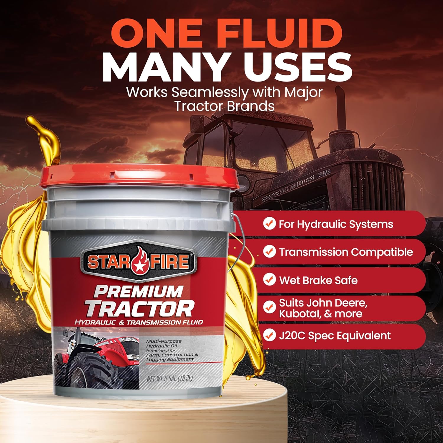 STARFIRE Premium Tractor Hydraulic & Transmission Fluid – 5 Gallon Pail – Multi-Purpose Hydraulic Oil for Tractors, Wet Brakes & Off-Highway Equipment – J20C Spec Equivalent