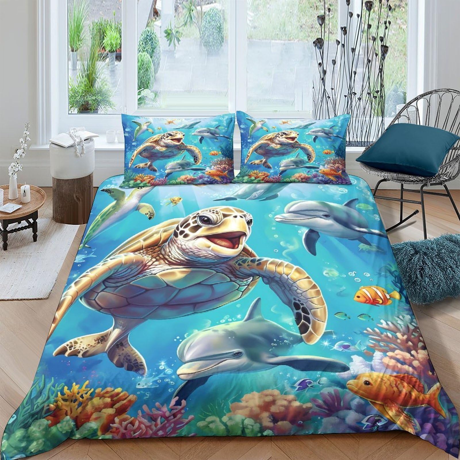 Ctjqhvkz Style-9 3D Printed Sea Turtle Fitted Sheet Microfiber Ocean Dolphin Bed Cover For Bedroom Guest Room Mattress Decor Single（135X200cm）