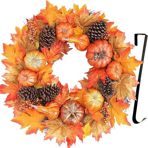Coronas de otoño para puerta delantera de 26 pulgadas, corona de calabaza de otoño, hojas de arce de seda, cono de pino y bayas para pared, Acción