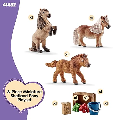 Miniatura 5 de Schleich Horse Club - Juego familiar de 8 piezas en miniatura de poni Shetland con 3 caballos y accesorios, figuras coleccionables de animales de