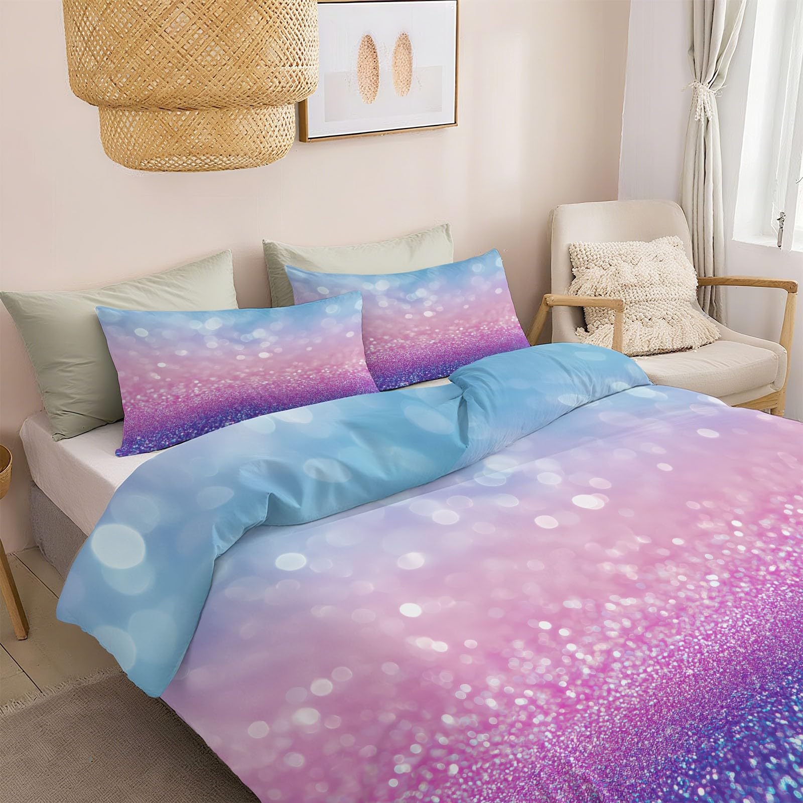 Generisch Niebiesko-fioletowo-różowa pościel z gradientem, 200 x 220 cm, 3-częściowa, delikatna, pastelowa pościel z mikrofibry + 2 poszewki na poduszkę 80 x 80 cm, przytulna, niebieska, pościel z